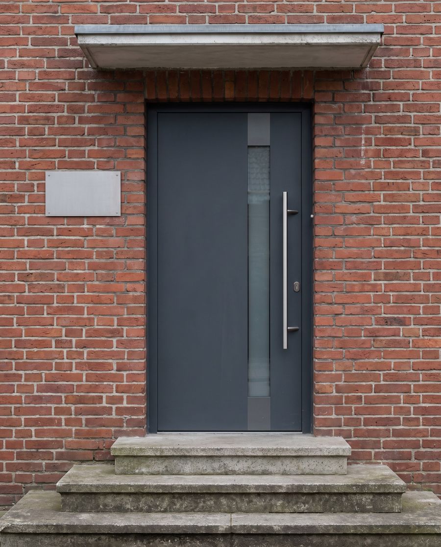 Anthrazitfarbene Aluminium-Haustür in einer Backsteinfassade