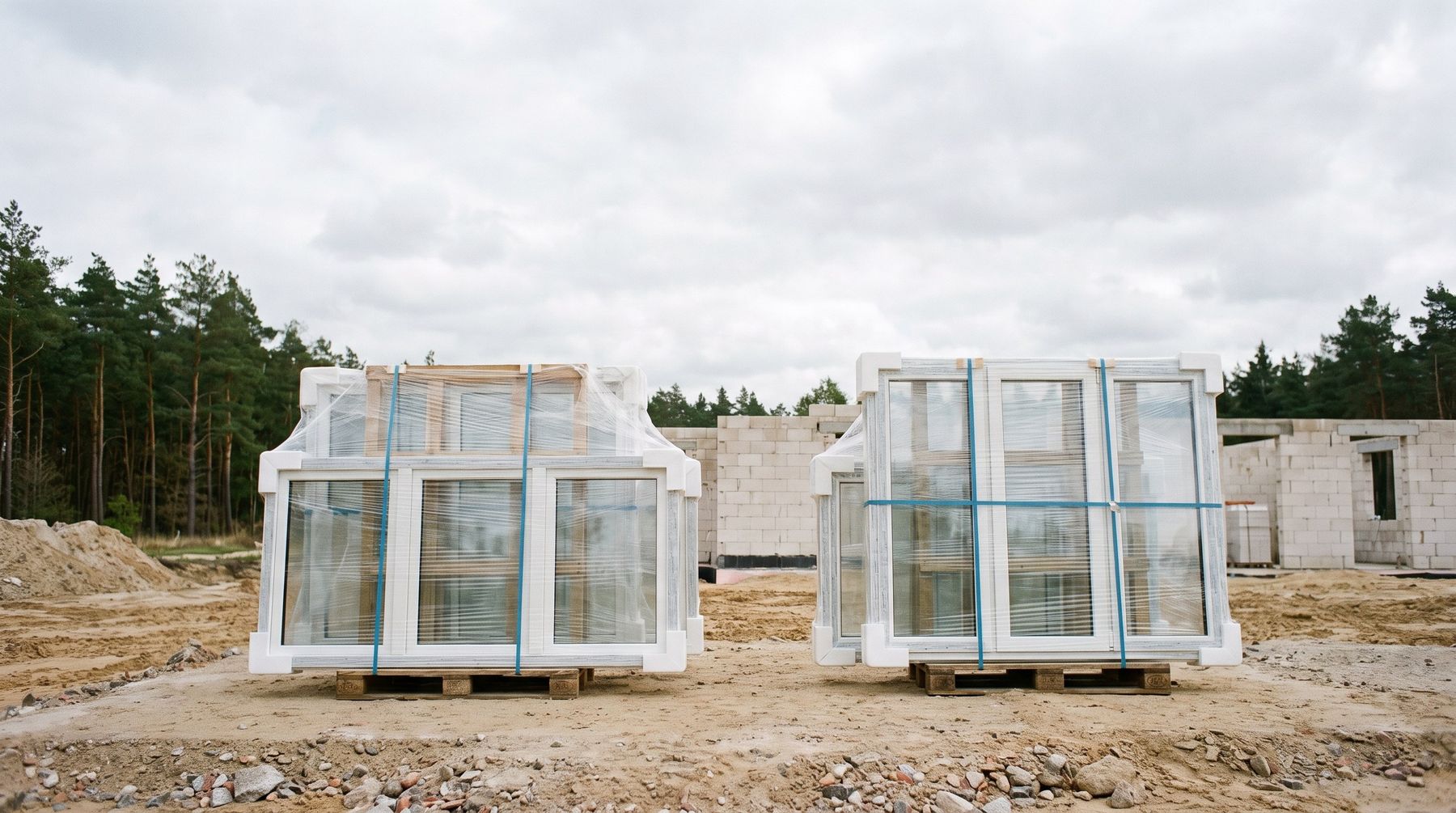Zwei Paletten mit folierten Fenstern auf einer Baustelle